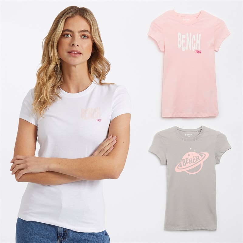 Bench Dame T-shirts med print Lolah (pakke med 3) lyserød/sølvgrå/hvid