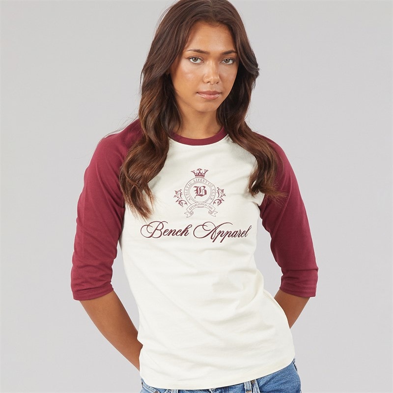 Bench Dame Diah 3/4 ærmet T-shirt med crest grafik Winter White/Cordovan