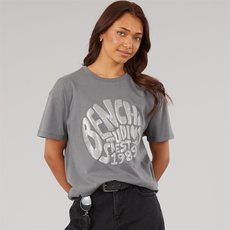 Bench Dame Jana Boxy T Shirt Med Glitter Grafisk Charcoal