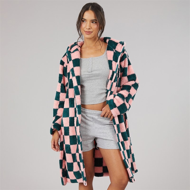 Board Angels Damen Wellsoft Kariert Kapuzen Morgenmantel Pink/Green Check