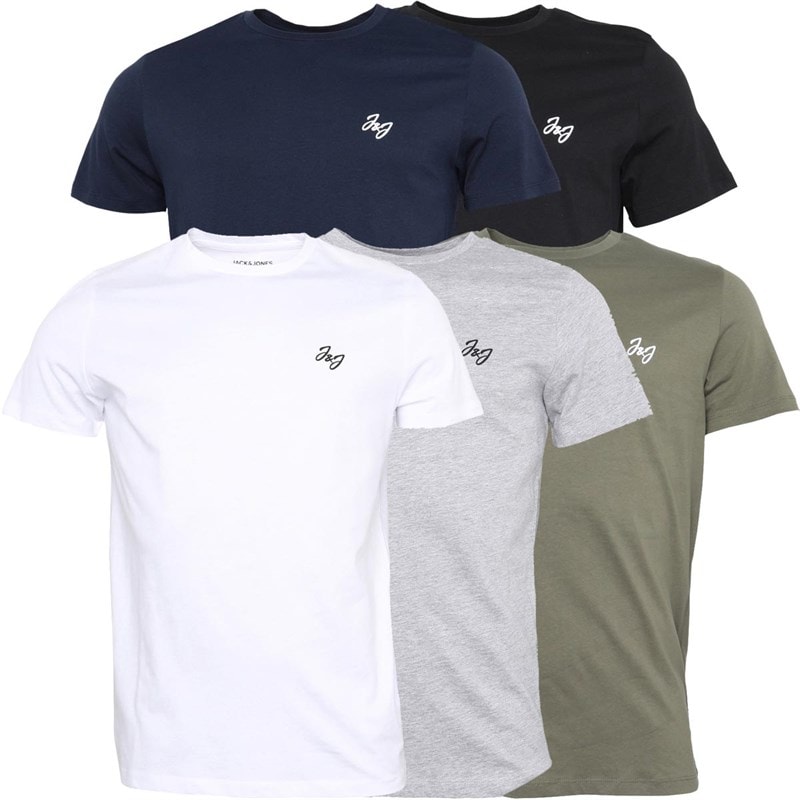 JACK & JONES Herre Joseph Fem Pakke T-shirts Marineblå / Hvid / Grå / Støvet Oliven / Sort