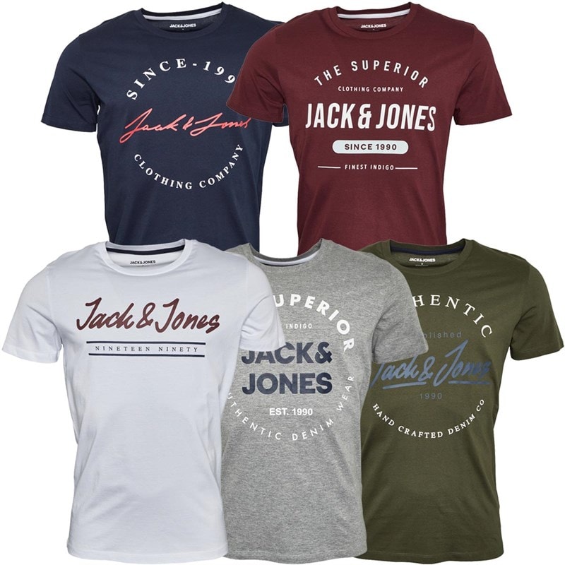 JACK & JONES Herre Urban Crew Neck Fem-pak T-shirts Oliven Nat/Hvid/Lysegrå Melange/Marineblå Blazer