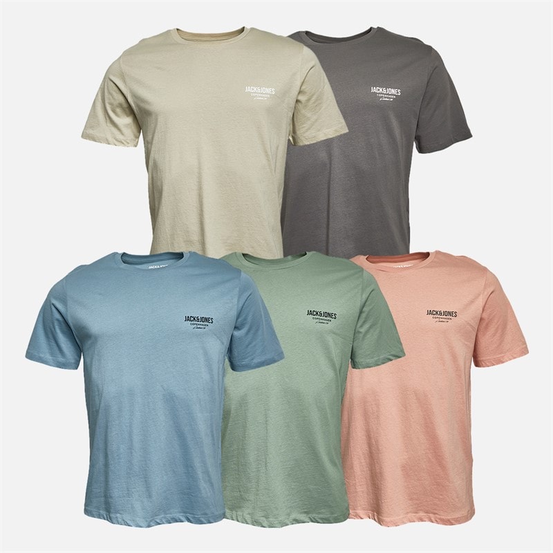 JACK & JONES Herre Jeff Orion T-shirts 5-pak Moonbeam/Castlerock/Mountain Spring/Coral Almond/Iceberg Green