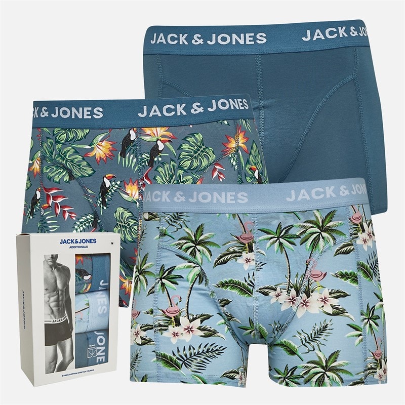 JACK & JONES Herre Blomst Fugl Tre Pakke Boxer Trusser Chambray Blue/Oceanview/Oceanview
