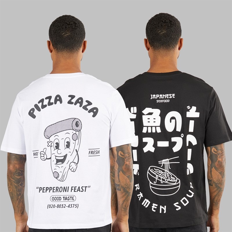 JACK & JONES Herre Afslappet Pasform Ryg Print To Pakke T-Shirts Sort/Hvid