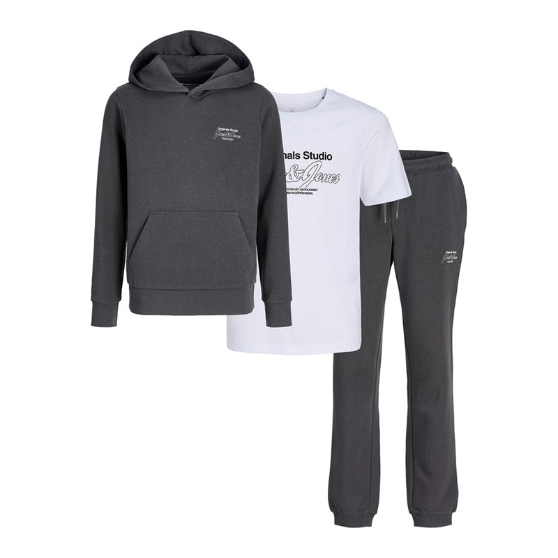 JACK & JONES Drenge Niko Hætte Tre Delt Træningsdragt Og T-Shirt Sæt Asfalt/Hvid