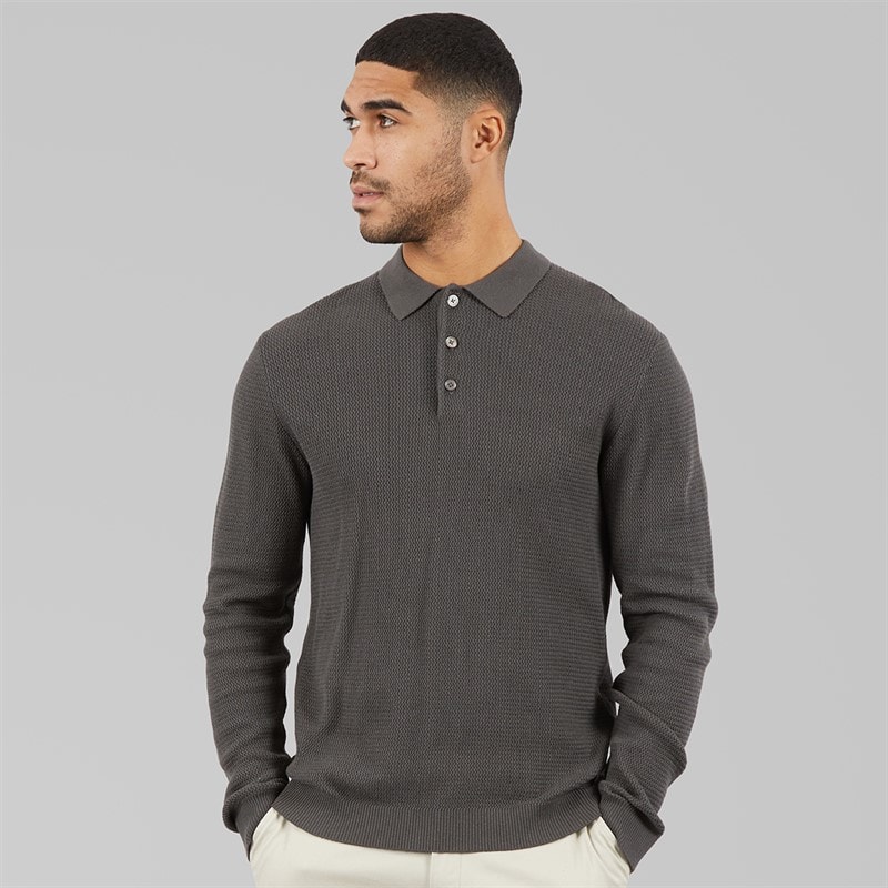 JACK & JONES Herre Cooper Strikket Langærmet Polo Shirt Volcanic Ash