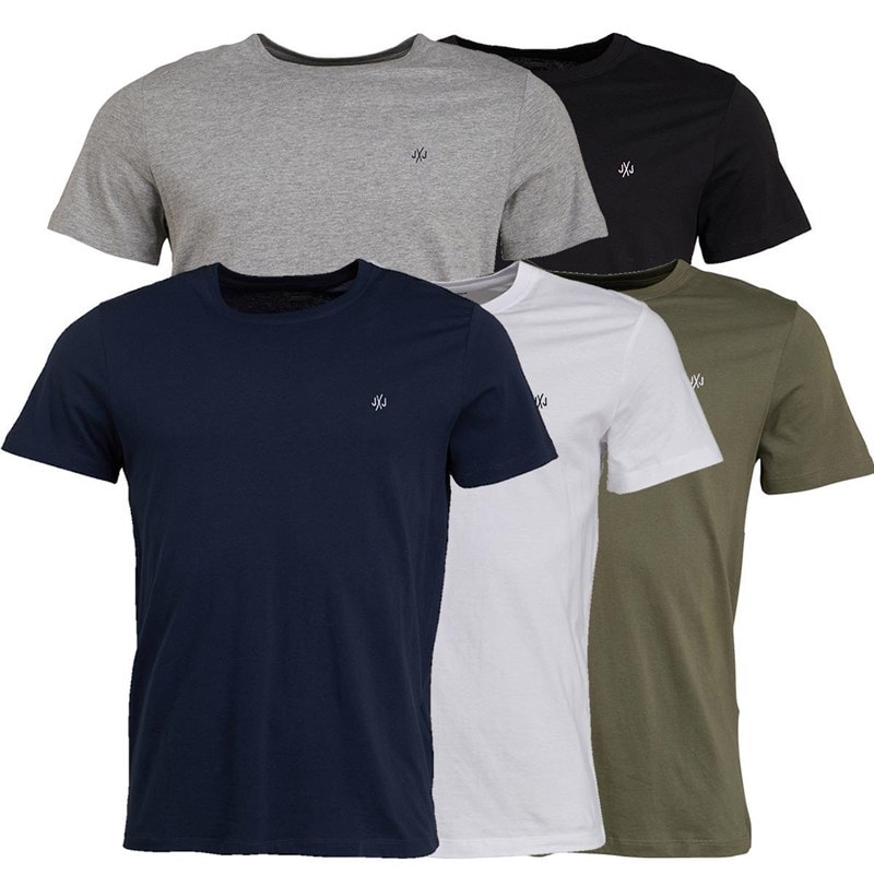 JACK & JONES Herre JXJ Fem-pak T-shirts Blå/Hvid/Grå/Khaki/Sort