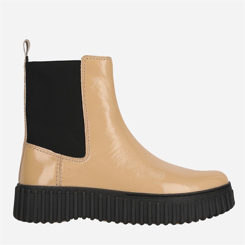 Clarks Dame Evo Wallabee Sko Sort Ruskind Beige Patent