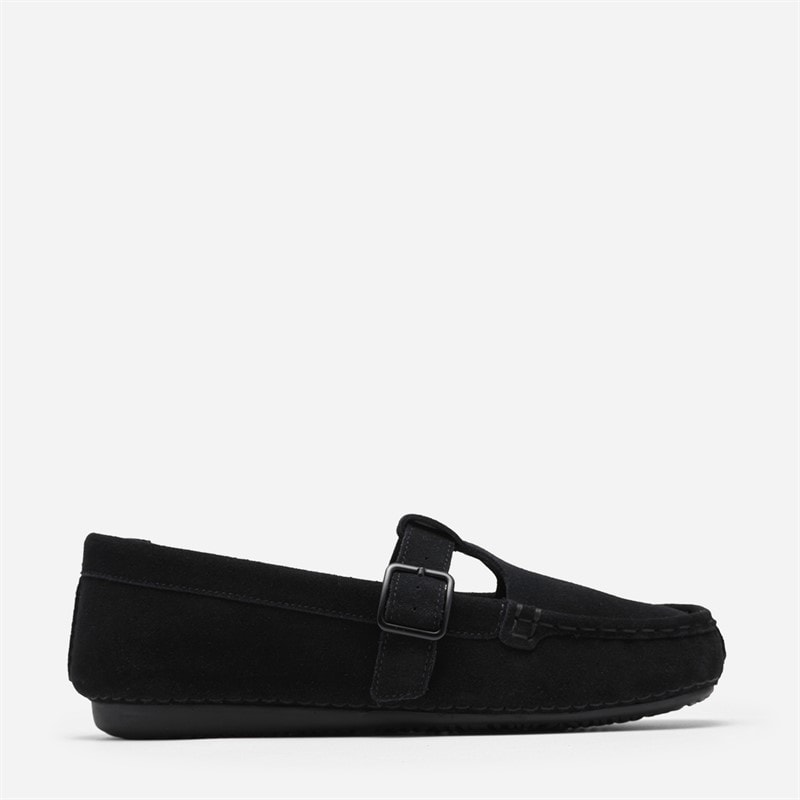 Clarks Dame Freckle T Bar Loafers Black Suede