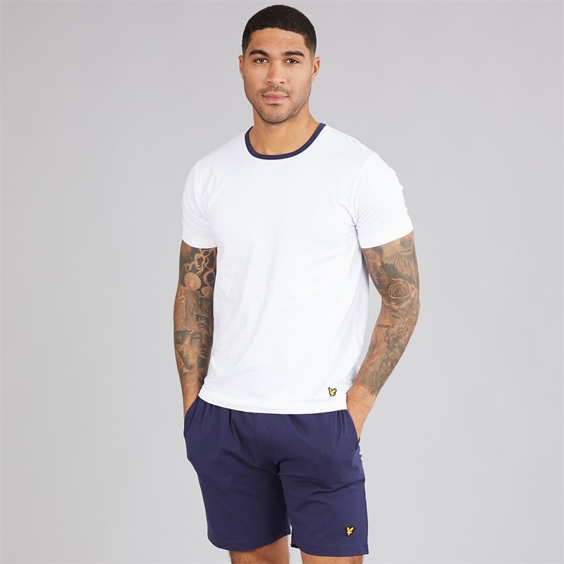 Lyle And Scott Vintage Herre Zephaniah T-shirt og shorts loungewear sæt Bright White/Peacoat