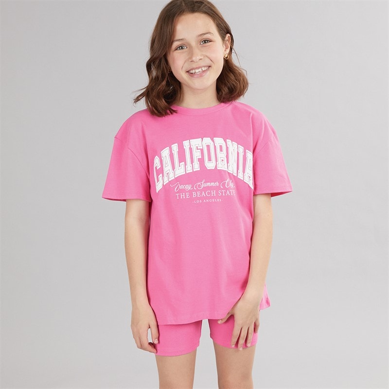 MINOTI Pigernes T Shirt Og Shorts Sæt Neon Coral