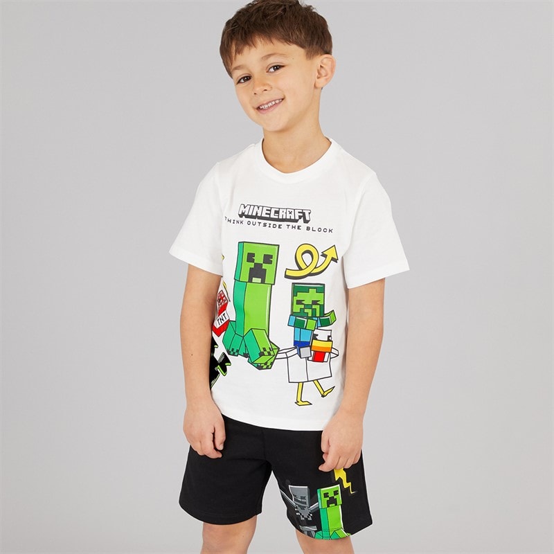 Minecraft Drenge T-shirt Og Shorts Sæt Hvid/Sort
