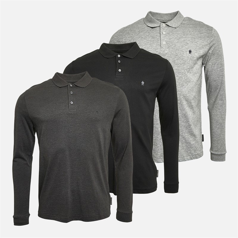 French Connection Herre 3 pak langærmede polo skjorter Multi 1 - Black/Charcoalmel/Lgm