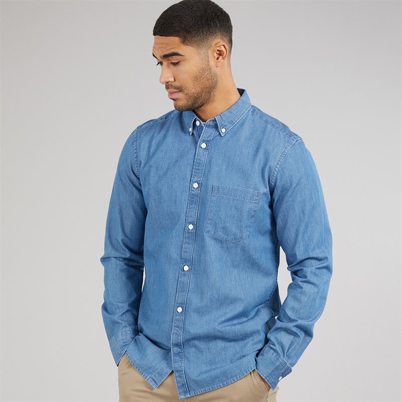 French Connection Herre Langærmet Denim Skjorte Mid Wash