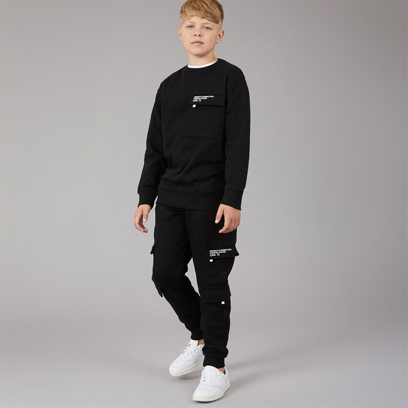 French Connection Drenge Zone Crew Sweatshirt Og Cargo Bukser Træningsdragt Sort/Hvid