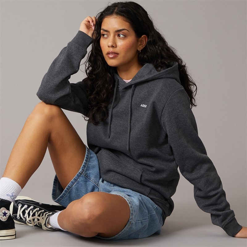 JJXX Dame Abbie Hættetrøje Mørk Grå Melange Print/Hvid JJXX Logo Dark Grey Melangeprint:White Jjxx Logo